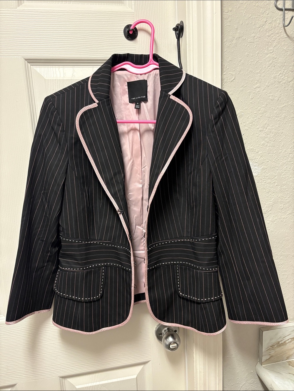 The Limited Black Pinstripe Blazer with Pink Trim and Lining